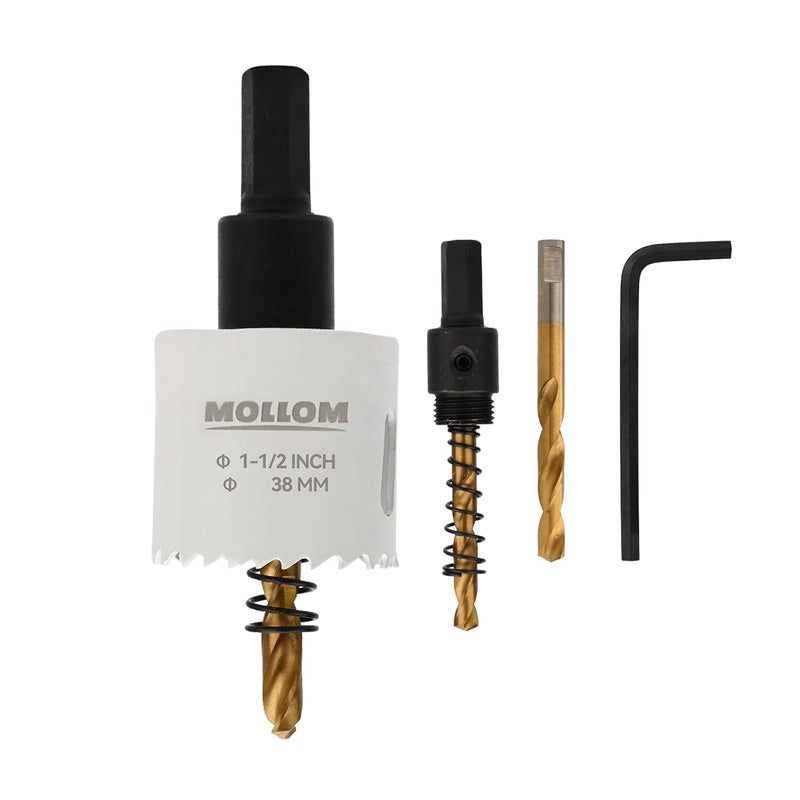 Mollom منشار ثقب ثنائي المعدن HSS M42 بقطر 38 مم | 1-1/2" مع 8% كوبالت مع 2 بت حفر وعمود لتقطيع سلس للـ PVC، الجبس، الخشب، البلاستيك، لوح الجبس، المطاط - Image 1